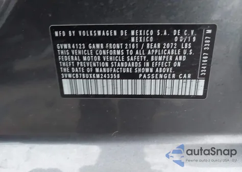 2019 Volkswagen Jetta 1.4T R-Line/1.4T S/1.4T Se z USA, uszkodzony, nr VIN 3VWCB7BUXKM243358